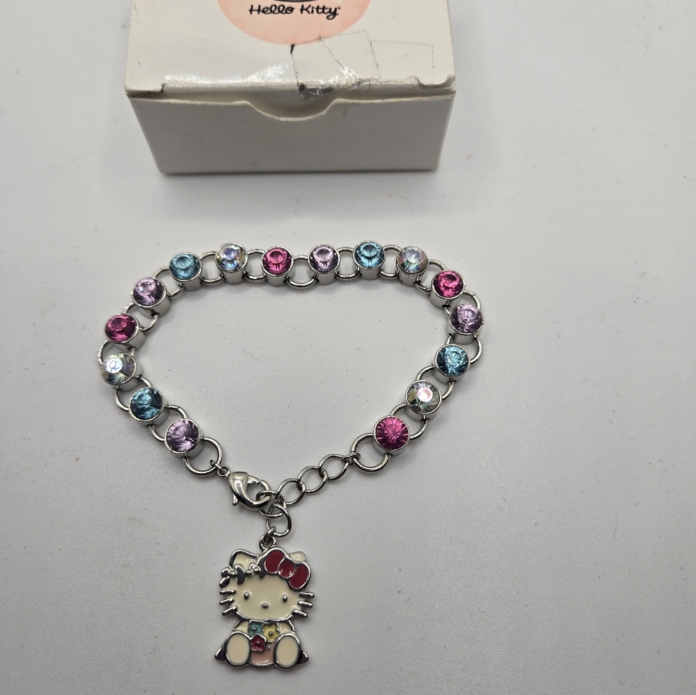 Hello Kitty Charm Bracelet Rhinestone Sanrio with Box Enamel Silvertone Gift
